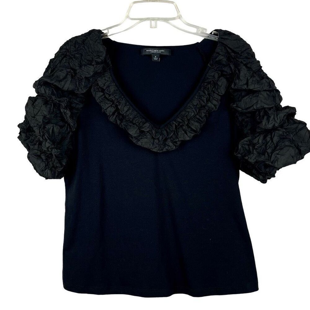 Marc New York Black Ruffle Sleeve V-Neck Medium